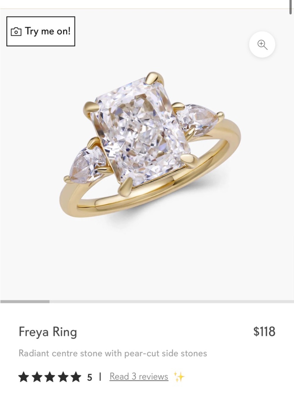 Freya Gold Ring with Clear Radiant Center and Pear Side Stones